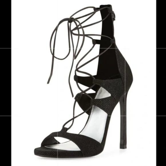 STUART WEITZMAN Legwrap Black Goose Bump Stiletto Sandal Heels with Box 8.5 - Picture 14 of 15